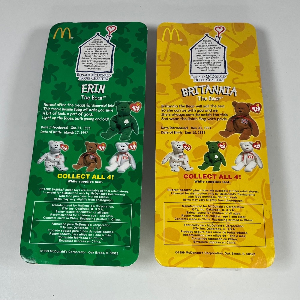 Ty Teenie Beanie Babies Erin & Britannia Bears McDonalds 1999 Sealed Set of 2 - Picture 5 of 9
